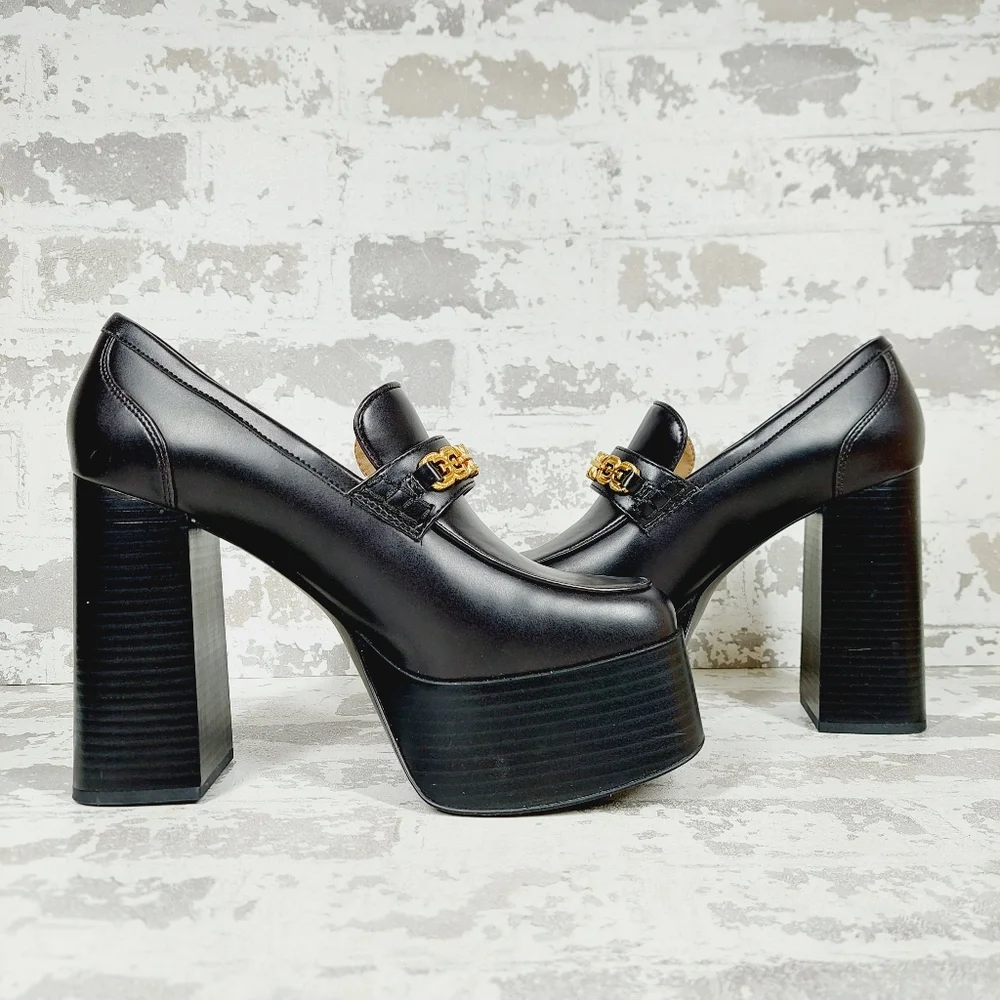 New SAM EDELMAN Rowe Platform Black Faux Leather Heeled Loafers i 622 - Picture 4 of 13